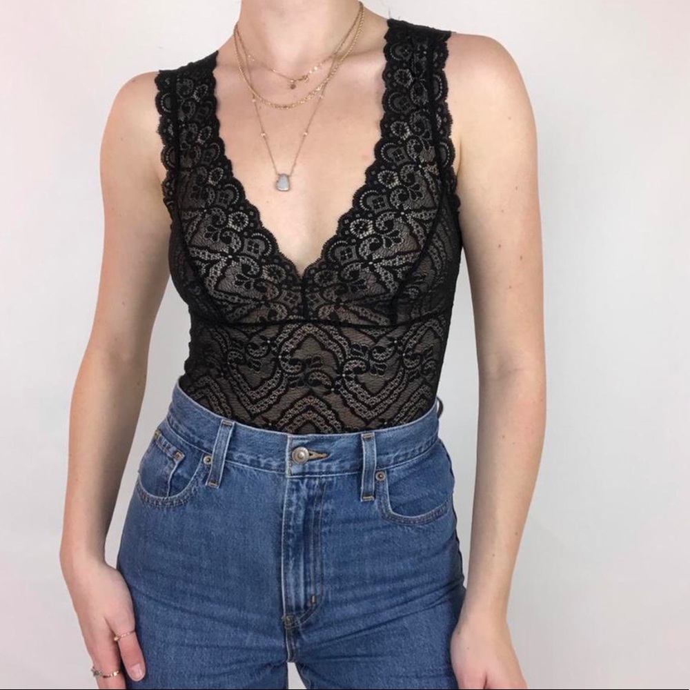 Black lace deep cut bodysuit
